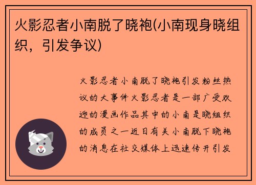 火影忍者小南脱了晓袍(小南现身晓组织，引发争议)